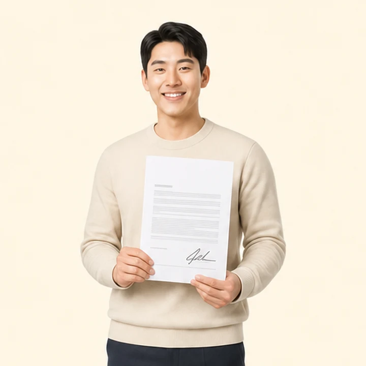 카니발 신차 장기렌트카 서면 견적서를 들고 있는 고객
